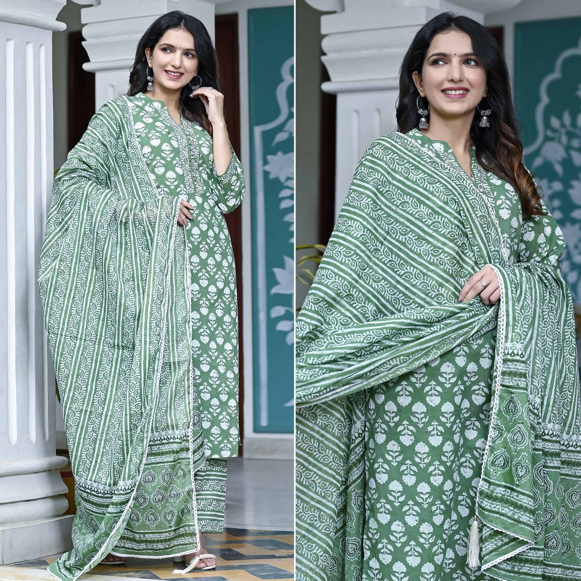 Green Floral Printed Pure Cotton Suit