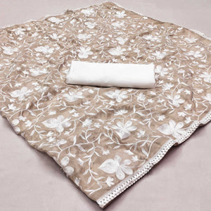Beige Floral Embroidered Organza Saree