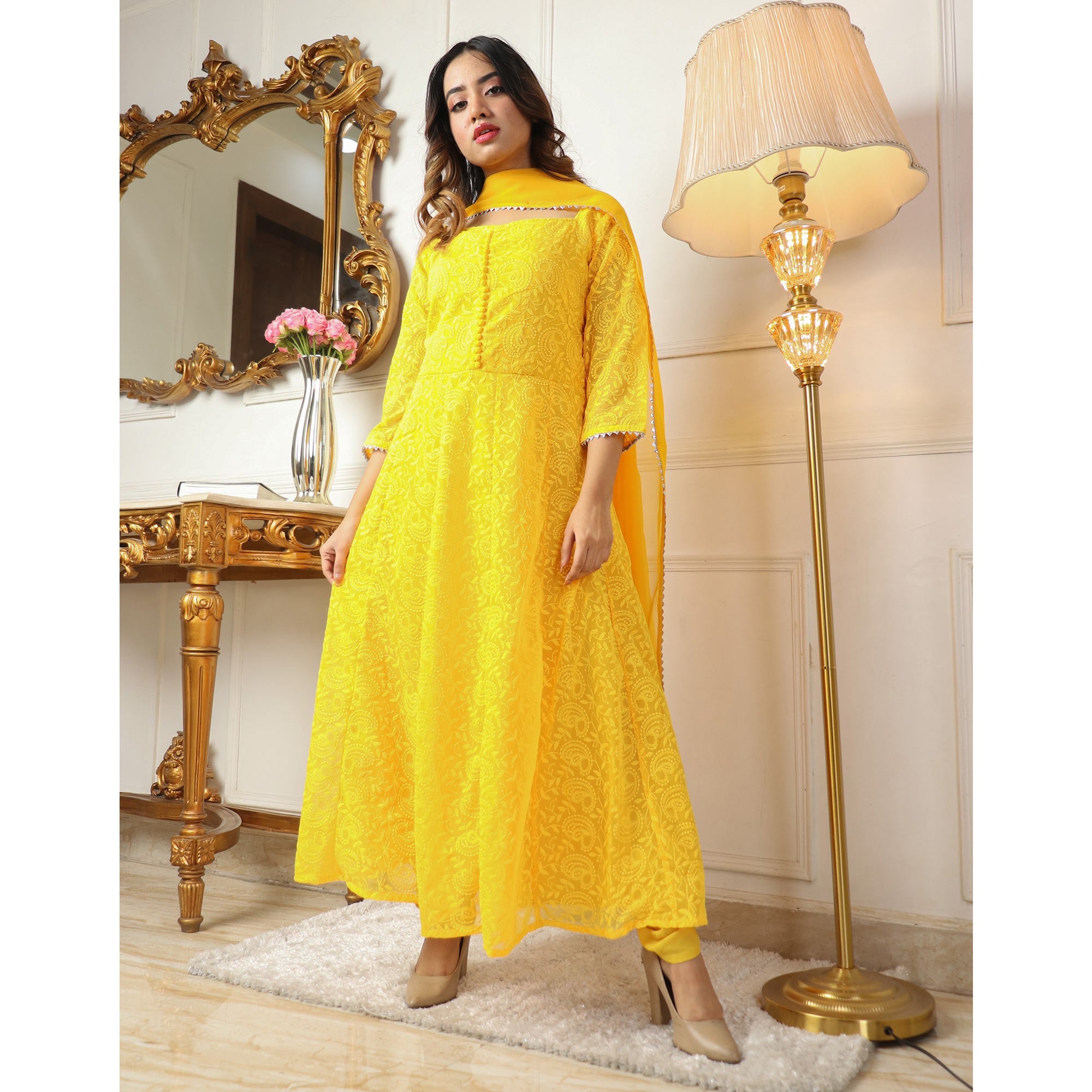 Yellow Chikankari Work Georgette Anarkali Suit - Image 1