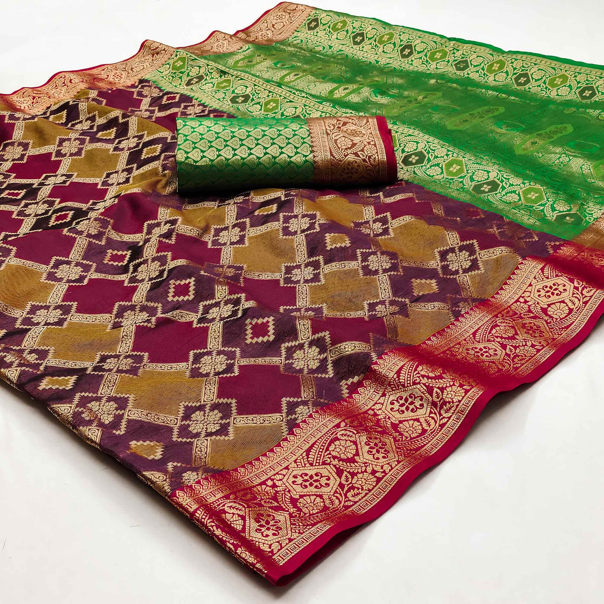 Multicolor Green Woven Cotton Silk Saree