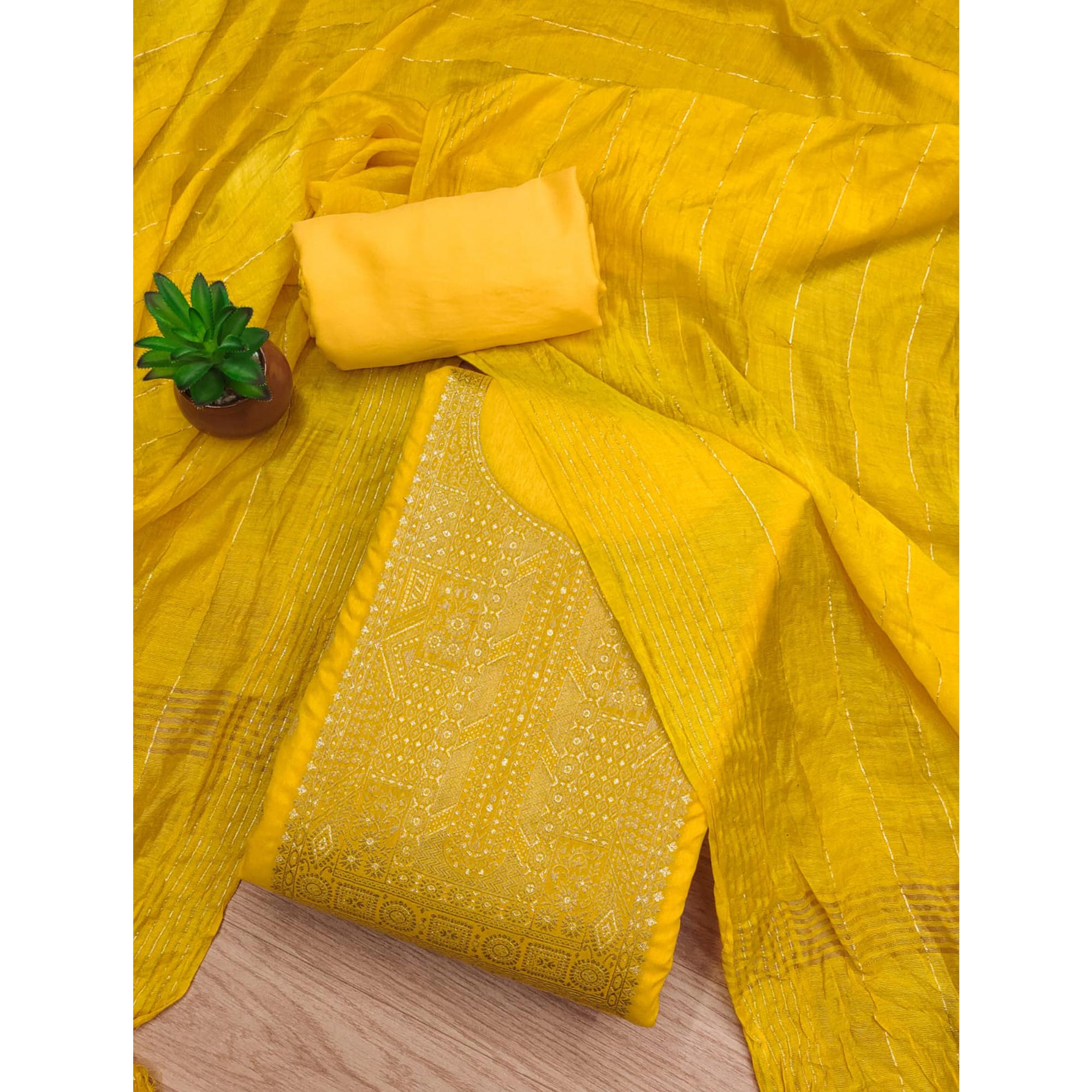 Yellow Woven Banarasi Silk Dress Material