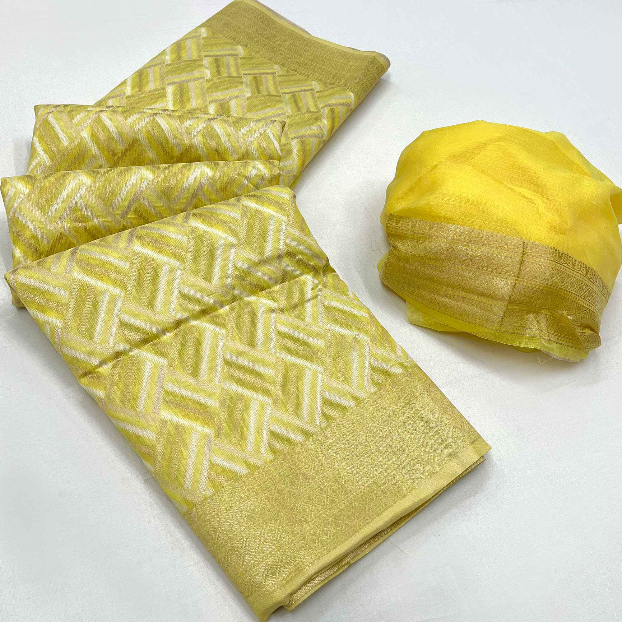 Lemon Yellow Woven Linen Saree