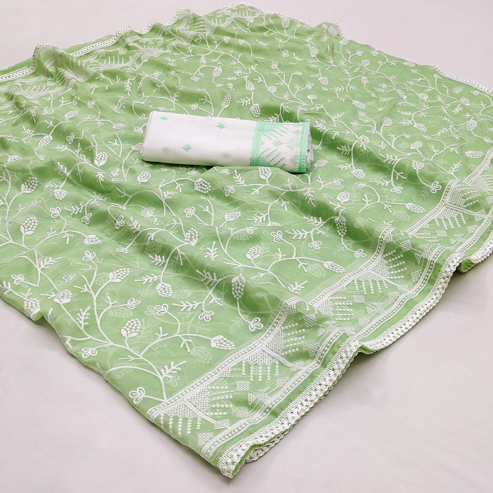 Pista Green Lucknowi Work Organza Saree