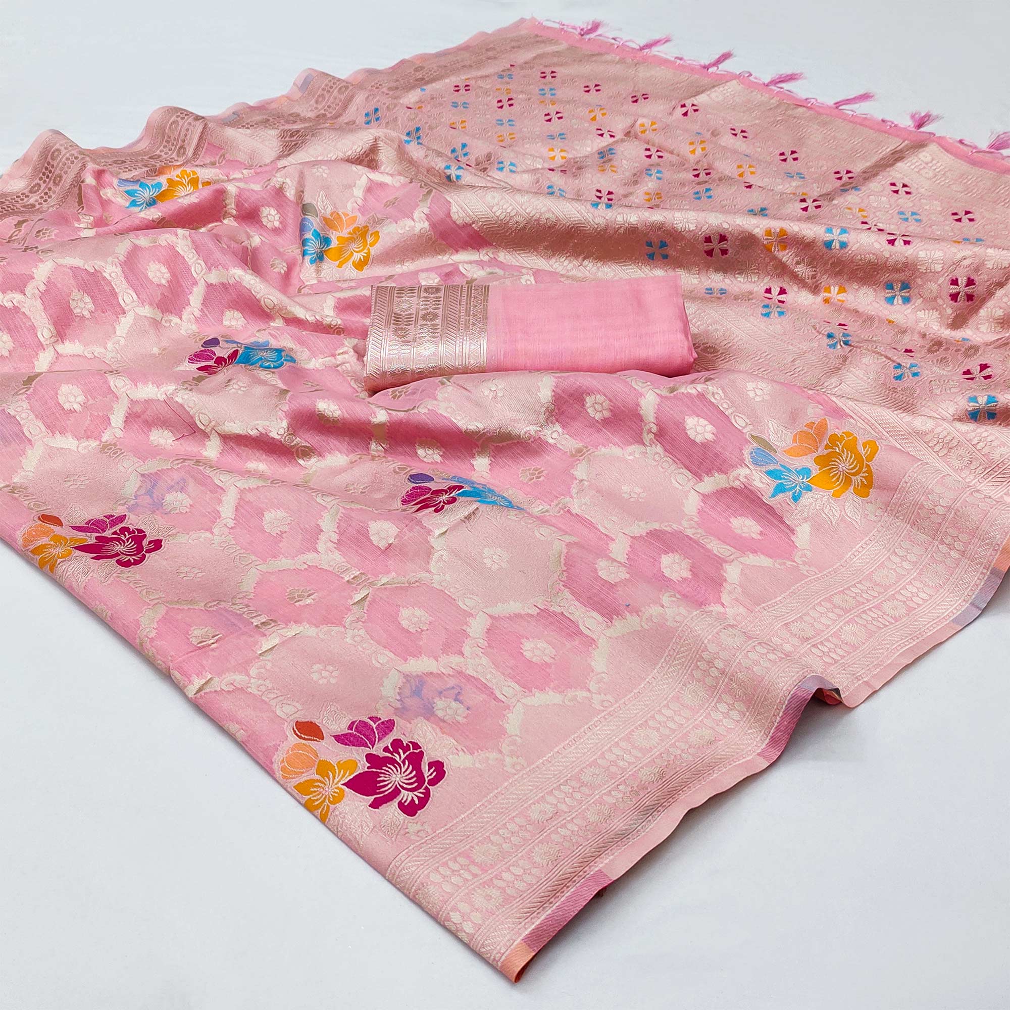 Pink Woven Jacquard Saree With Tassels
