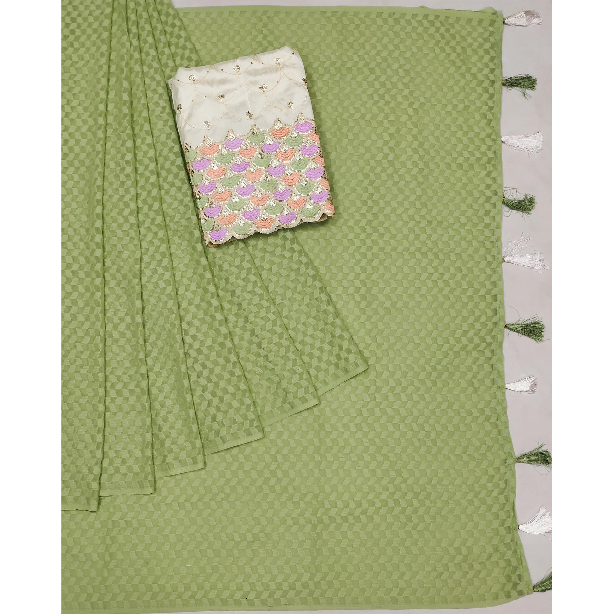 Green Woven Jacquard Saree With Tassels