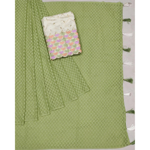 Green Woven Jacquard Saree With Tassels