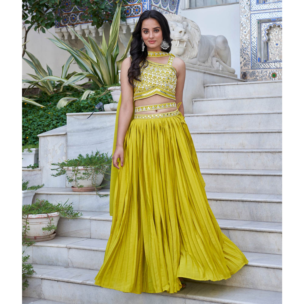 Lemon Green Embroidered Chiffon Plated Lehenga Choli - Image 7
