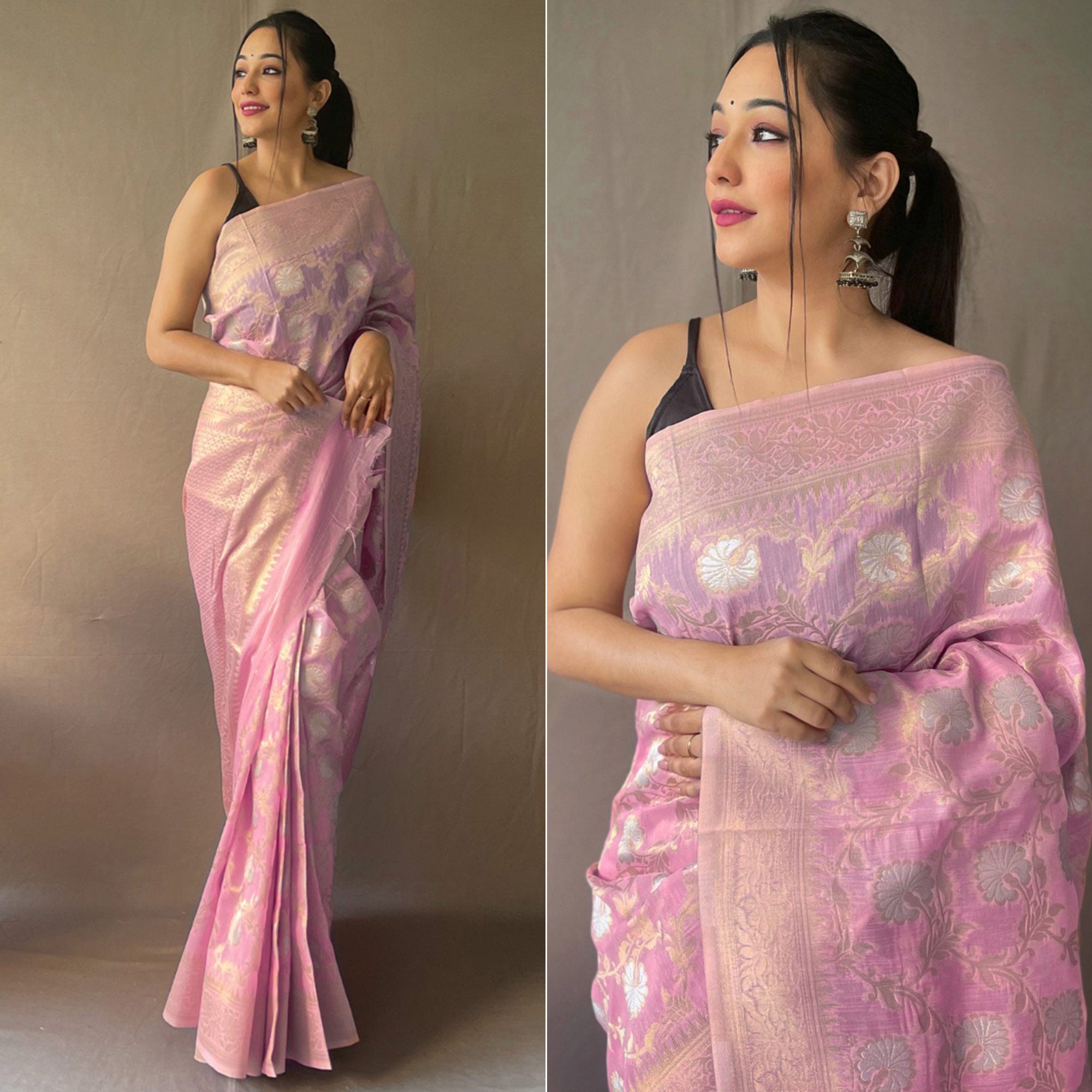 Pink Floral Woven Linen Saree