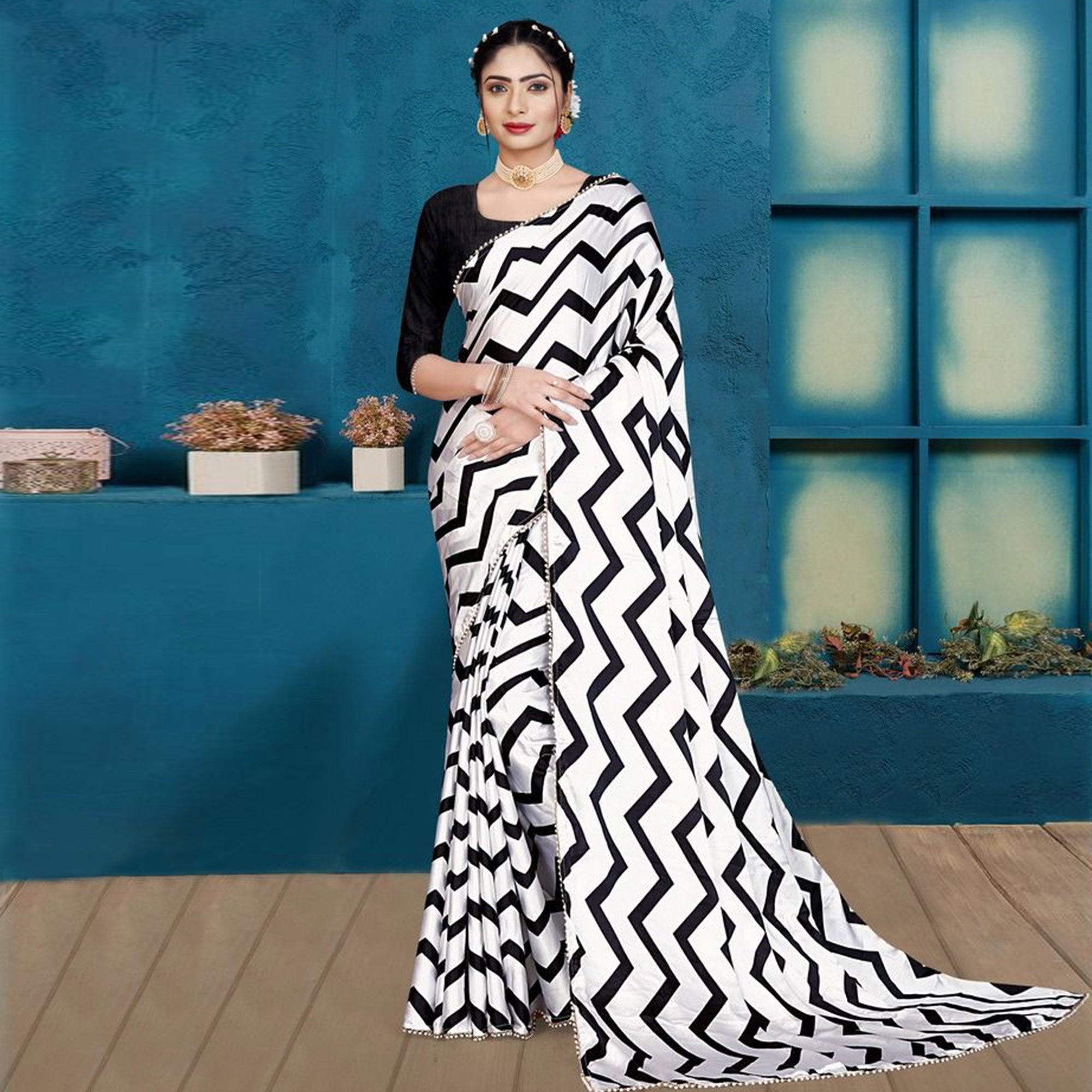 White satin crepe printed saree - G3-WSA53981 | G3fashion.com