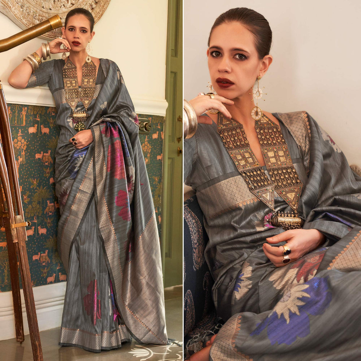 Grey Woven Art Silk Saree With Tassels - Image 1