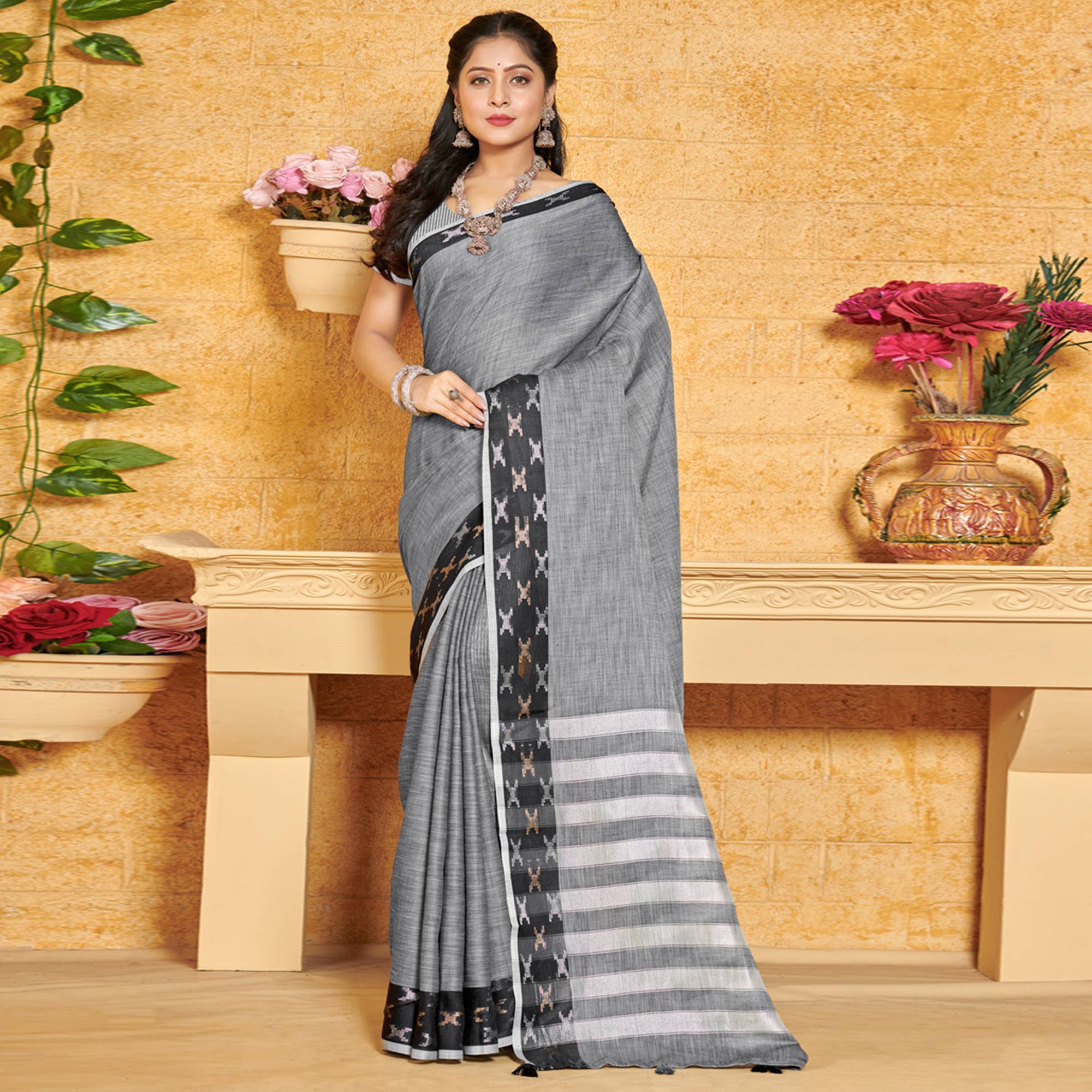 Grey Woven Linen Saree With Tassels