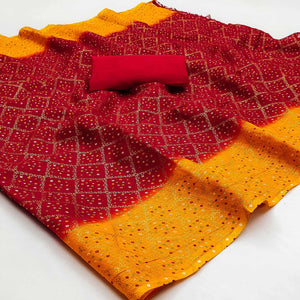 Red & Yellow Foil Printed Kota Doria Saree