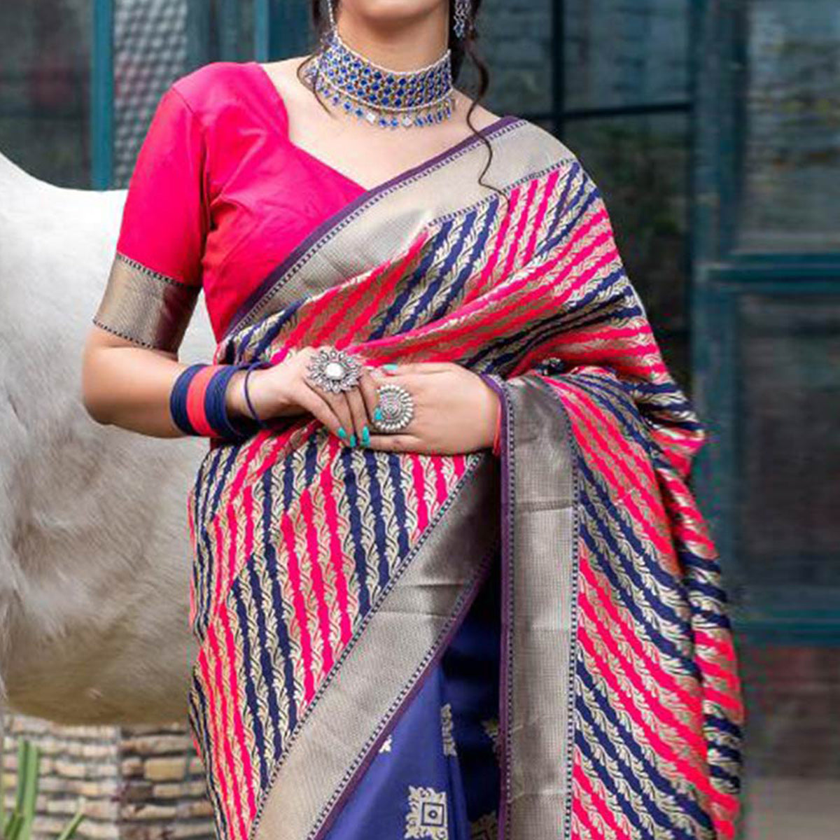 Pink & Blue Woven Banarasi Silk Saree