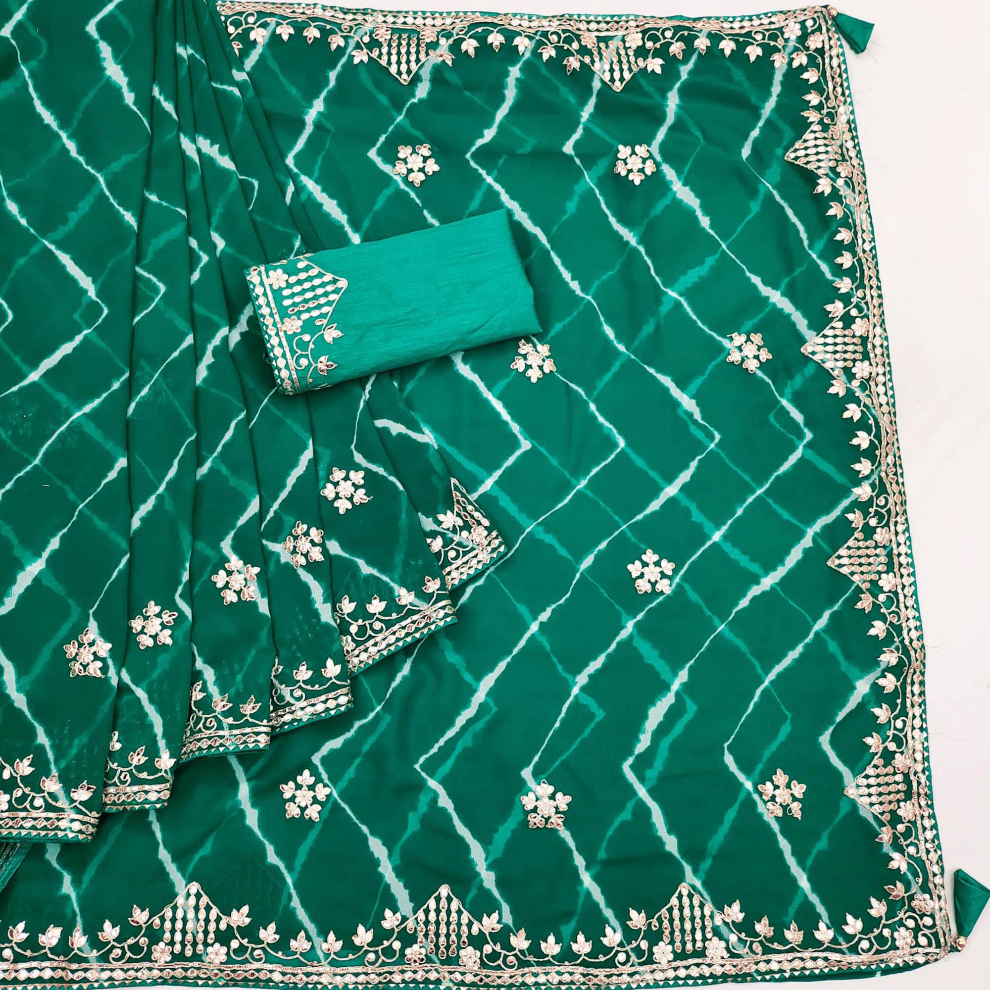 Green Printed With Gota Work Georgette Saree