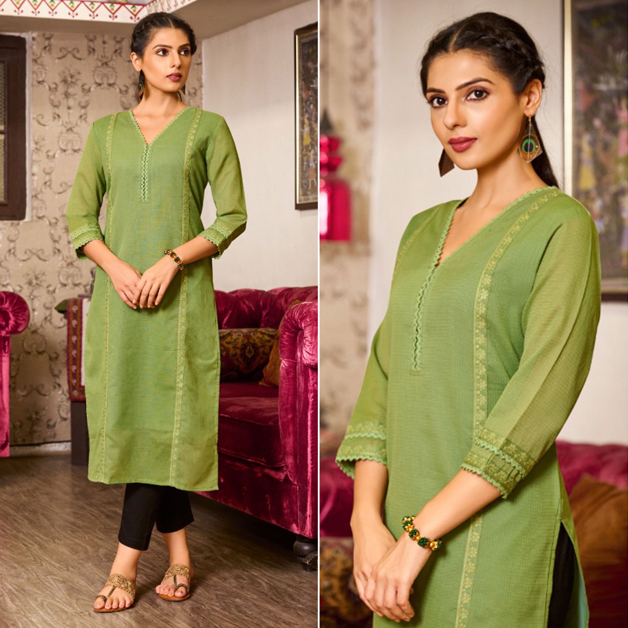 Green Embroidered Pure Cotton Kurti