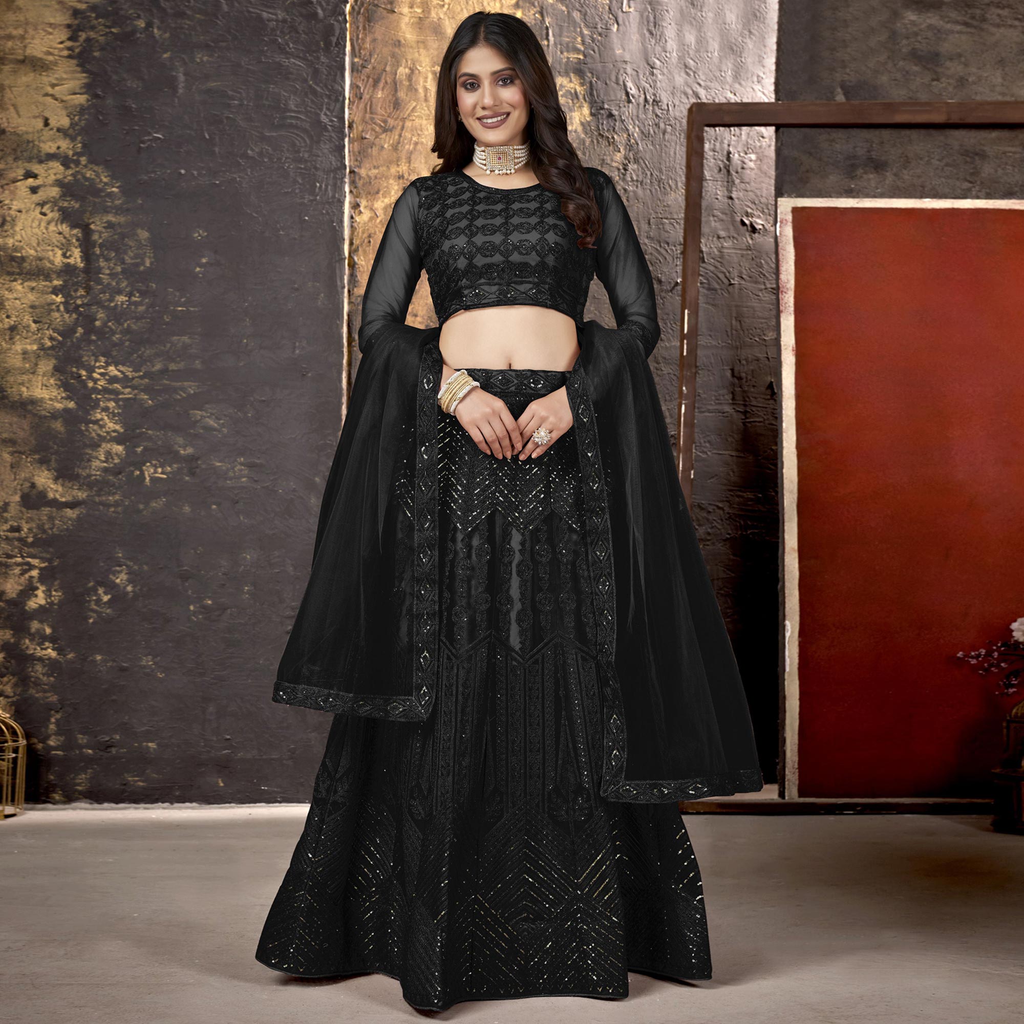 Black Sequins Embroidered Net Lehenga Choli - Image 1