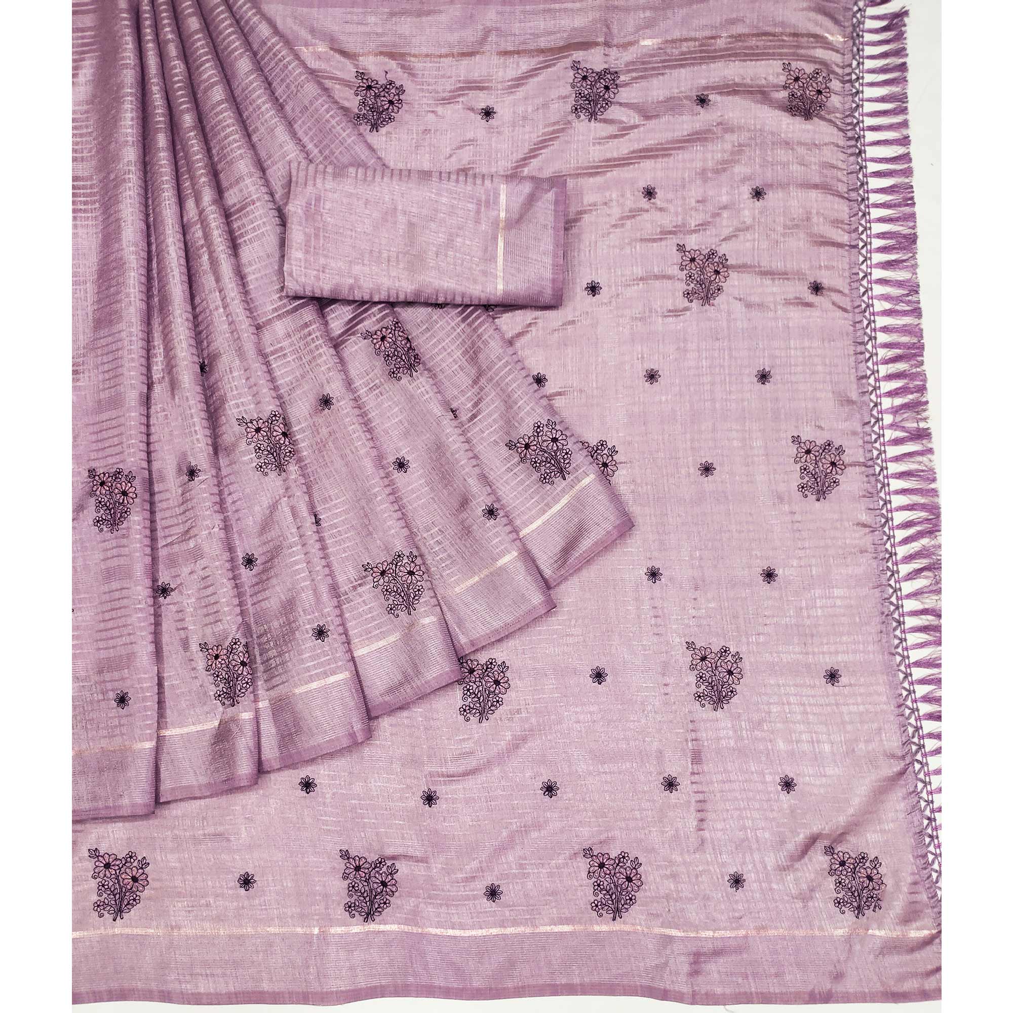 Purple Floral Embroidered Art Silk Saree