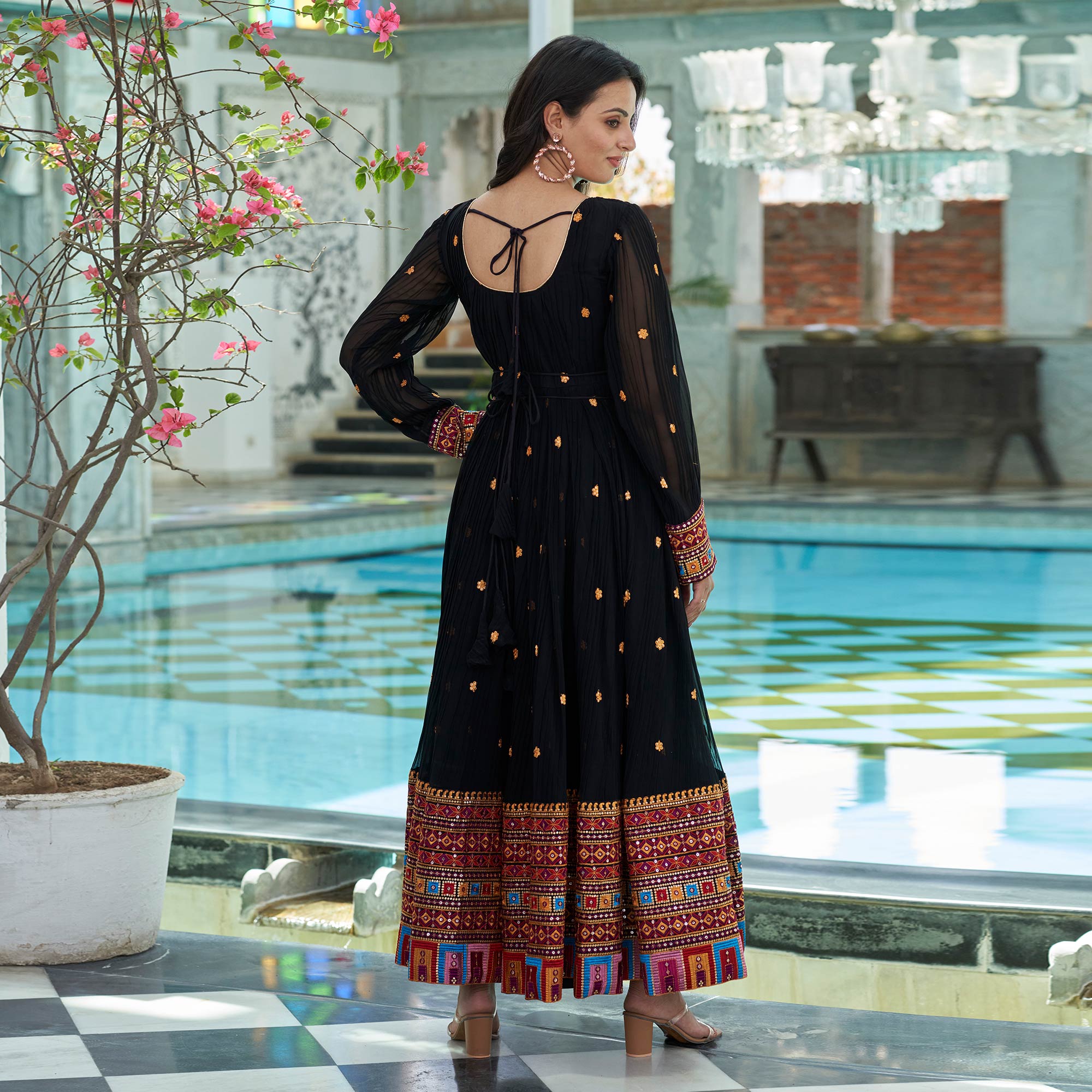 Black Floral Embroidered And Mirror Work Georgette Gown