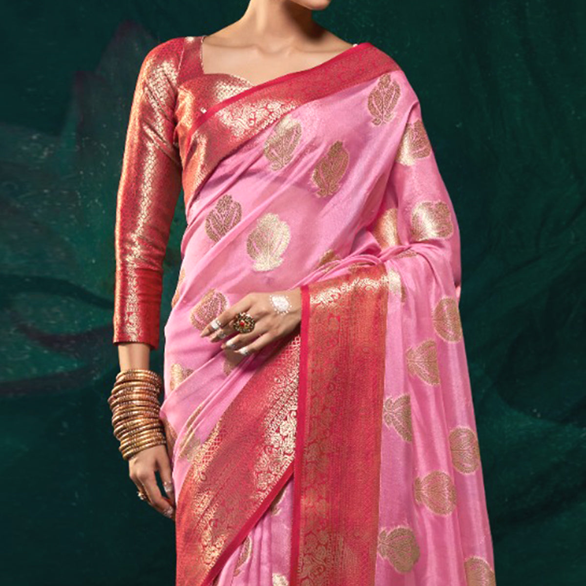 Pink Floral Woven Organza Saree