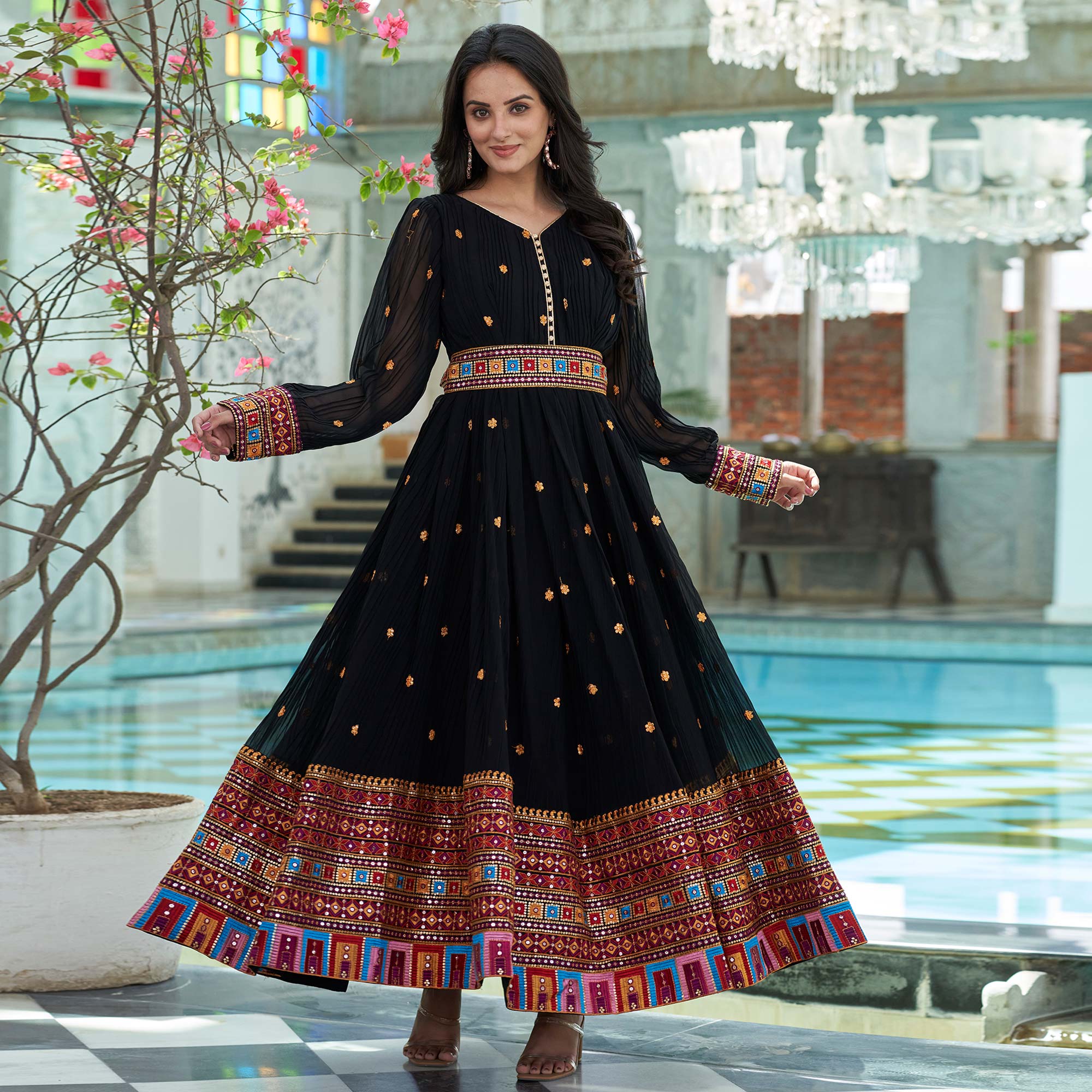 Black Floral Embroidered And Mirror Work Georgette Gown
