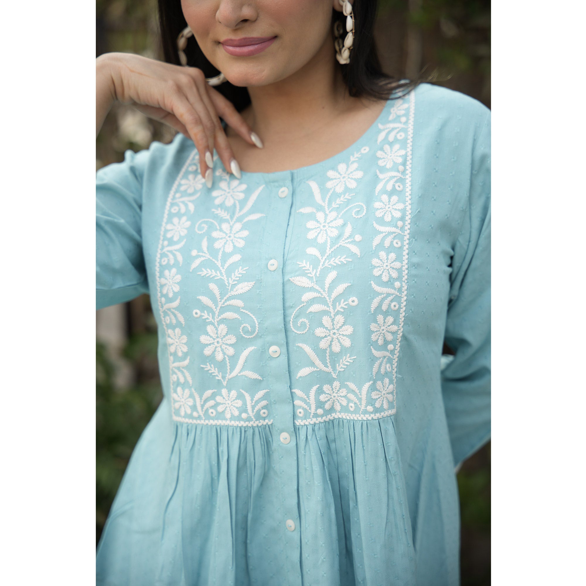 Blue Floral Embroidered Rayon Kurti