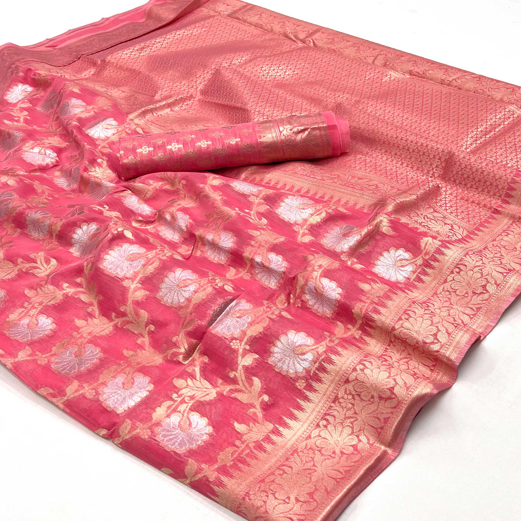 Gajari Pink Floral Woven Linen Saree