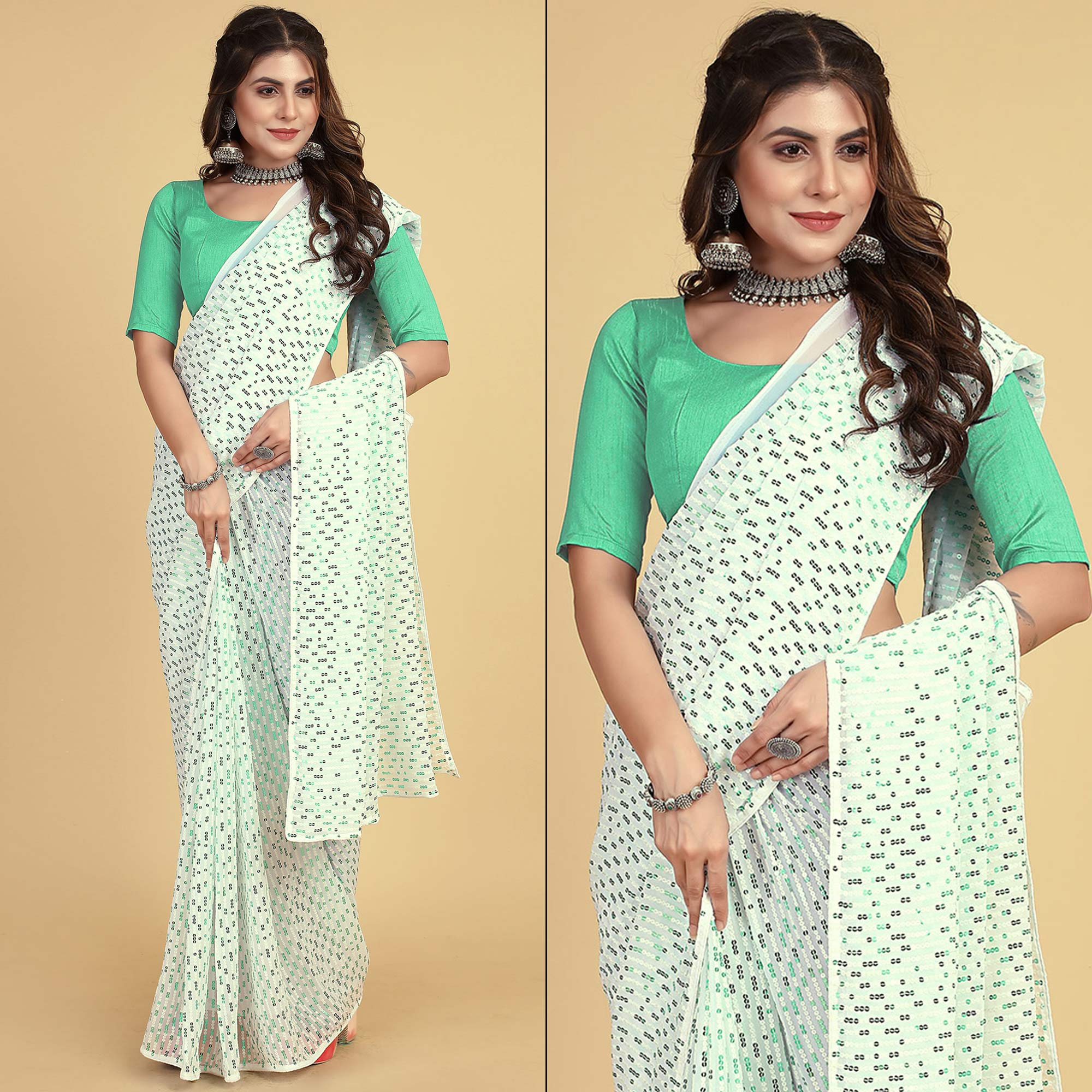 White & Sea Green Sequins Embroidered Georgette Saree