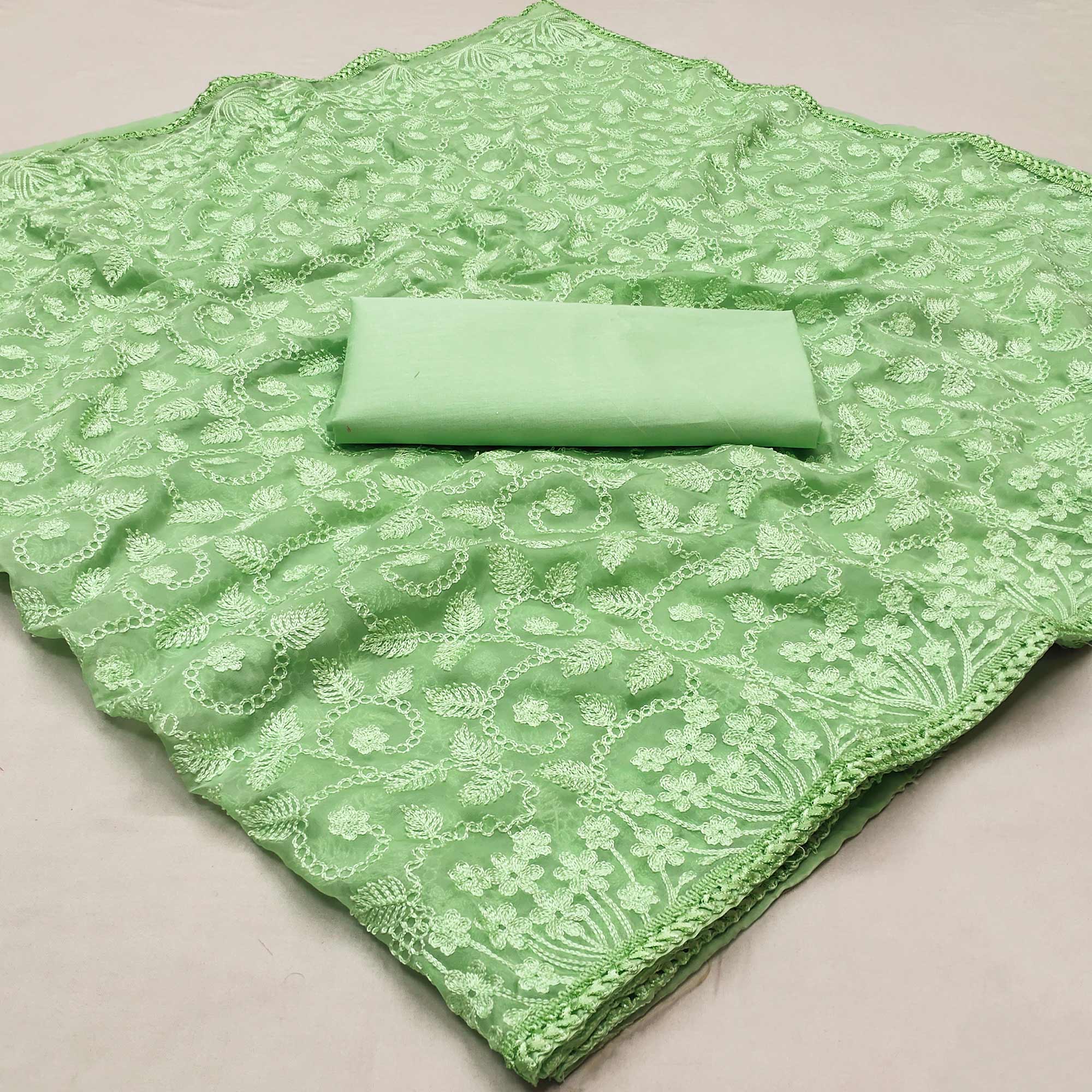 Pista Green Floral Embroidered Organza Saree