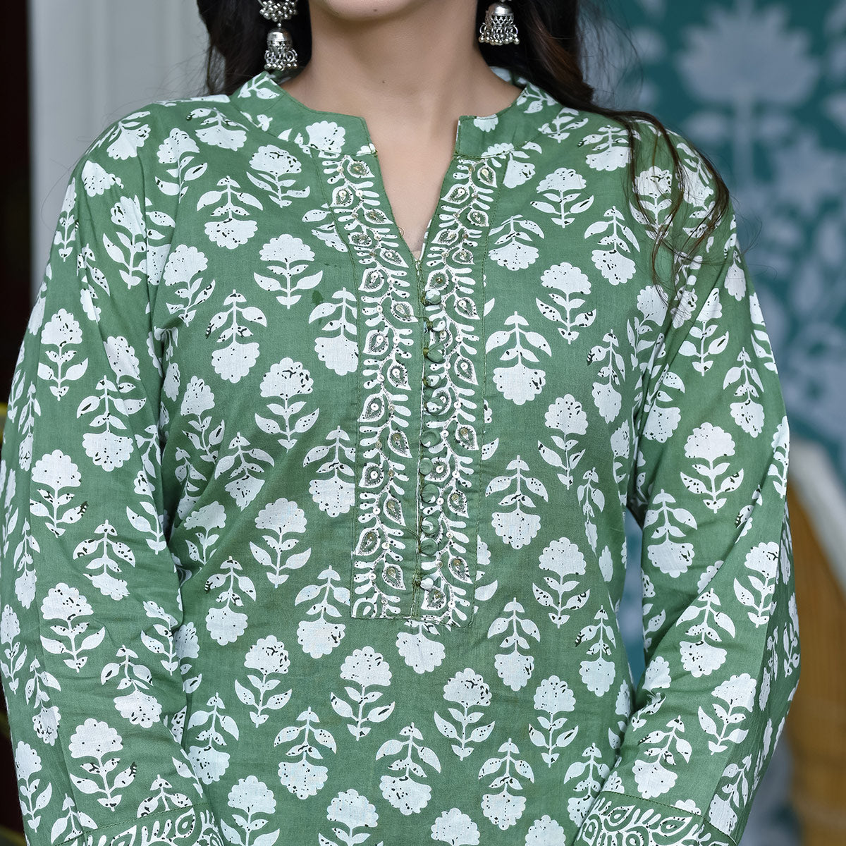 Green Floral Printed Pure Cotton Suit