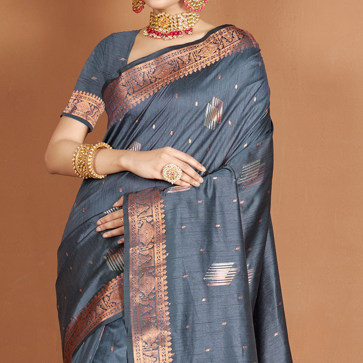 Grey Woven Banarasi Silk Saree - Image 2