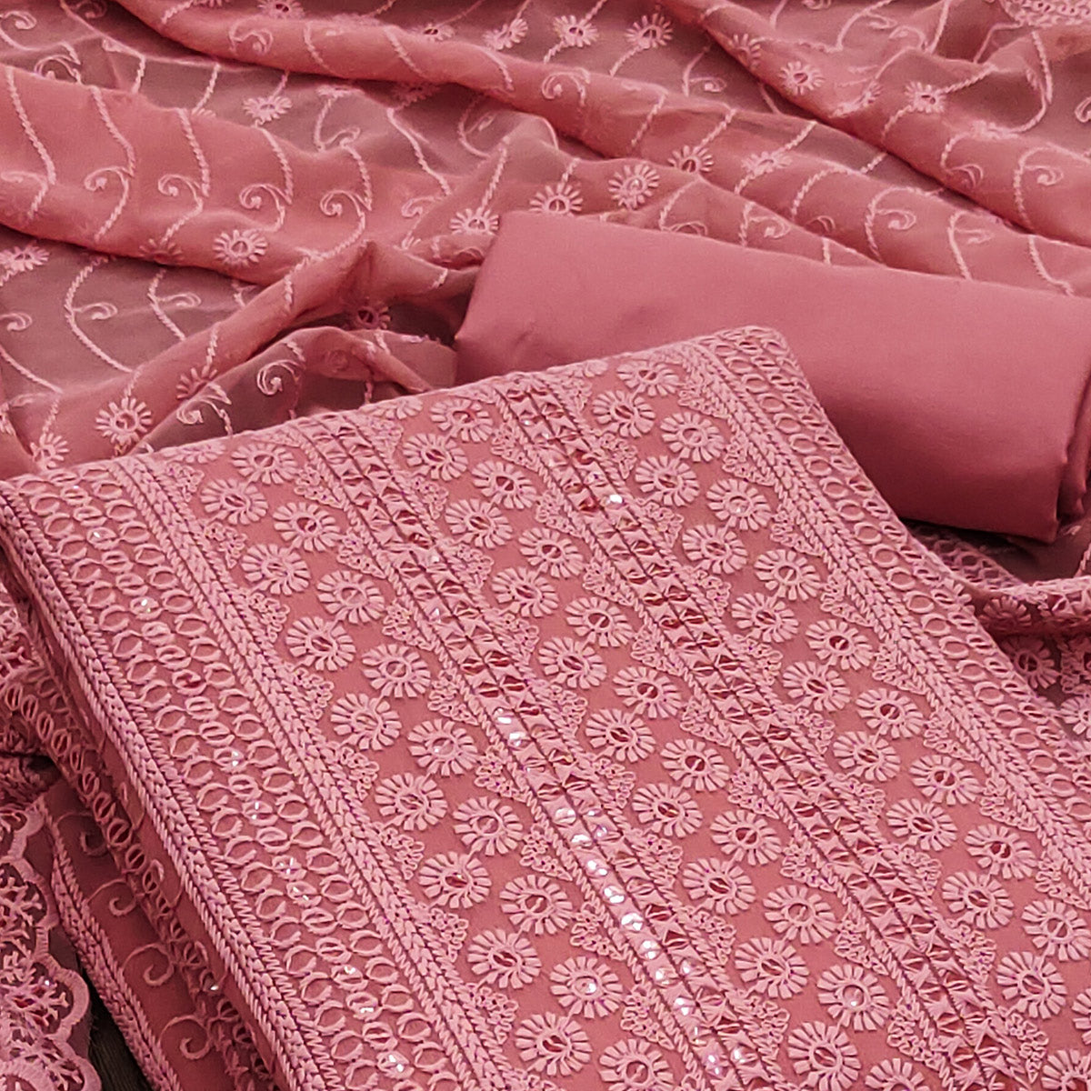Dusty Pink Lucknowi Embroidered Georgette Suit