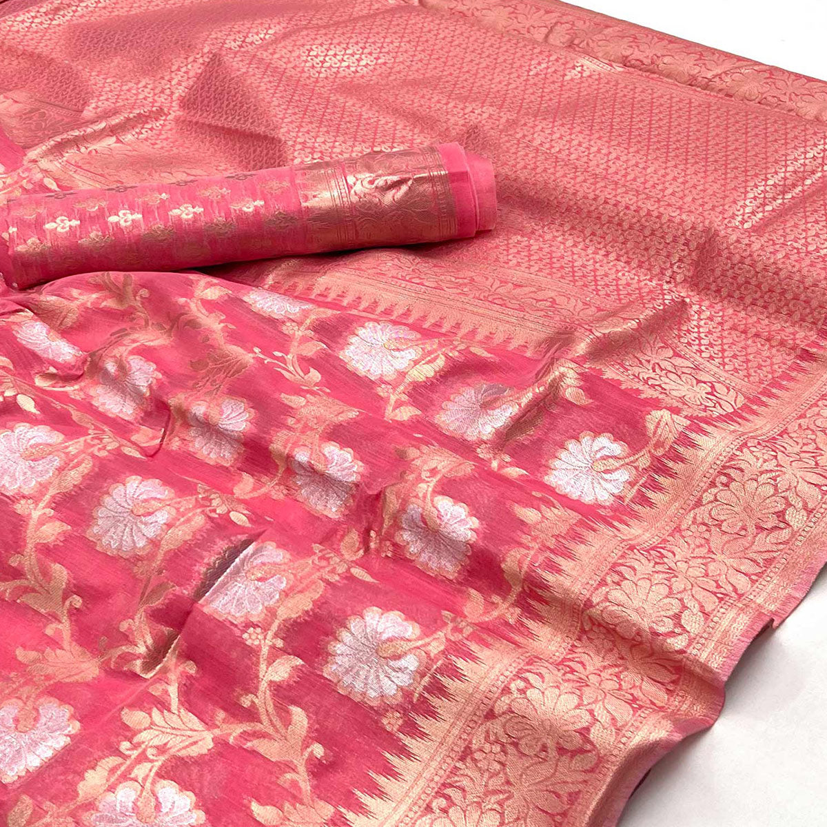 Gajari Pink Floral Woven Linen Saree