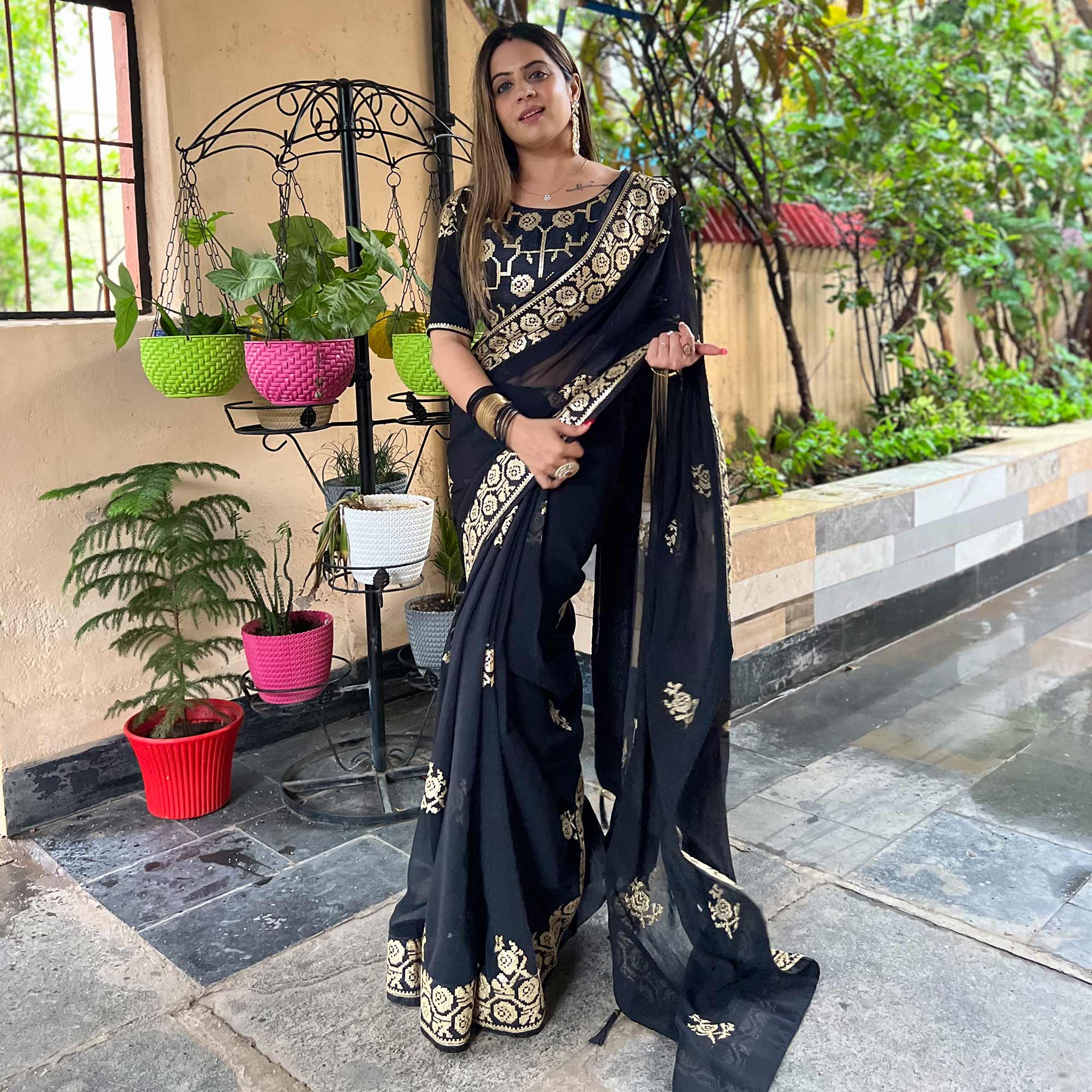 Black Sequins Embroidered Georgette Saree