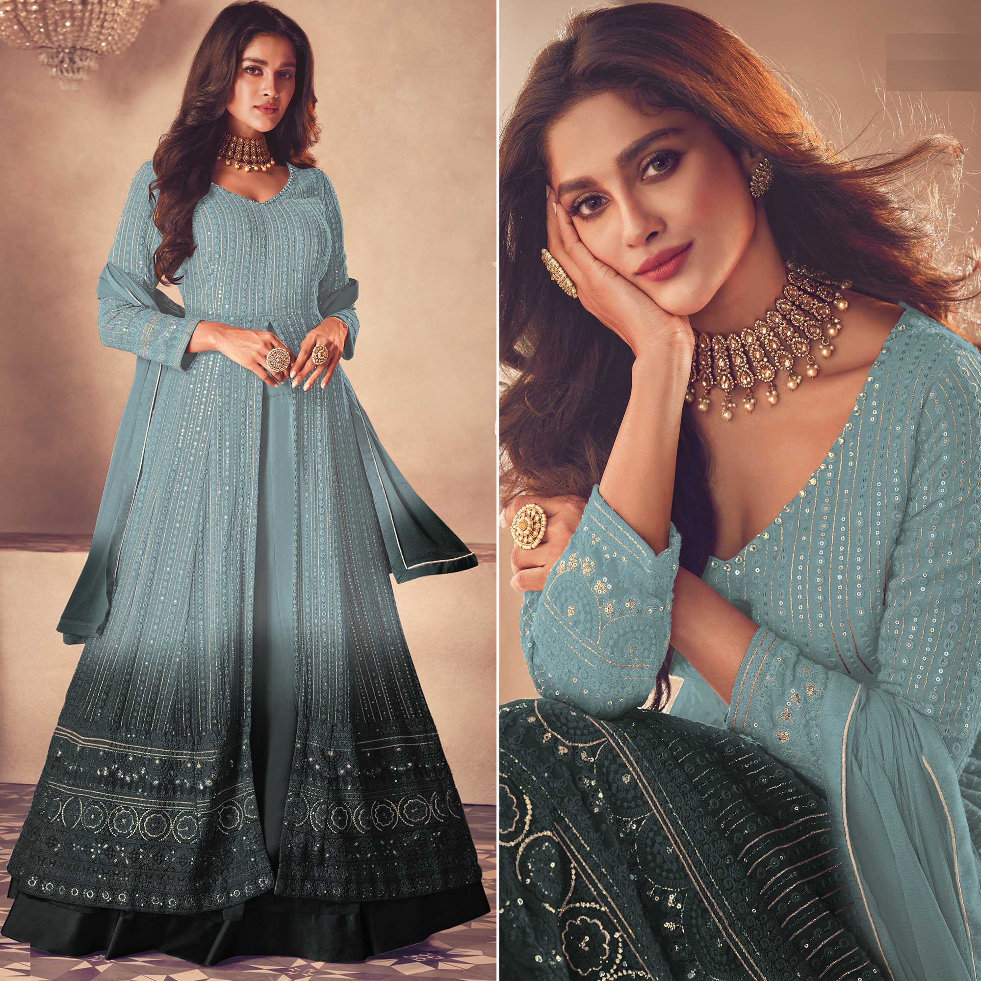 Sky Blue Sequins Embroidered Georgette Front Slit Suit