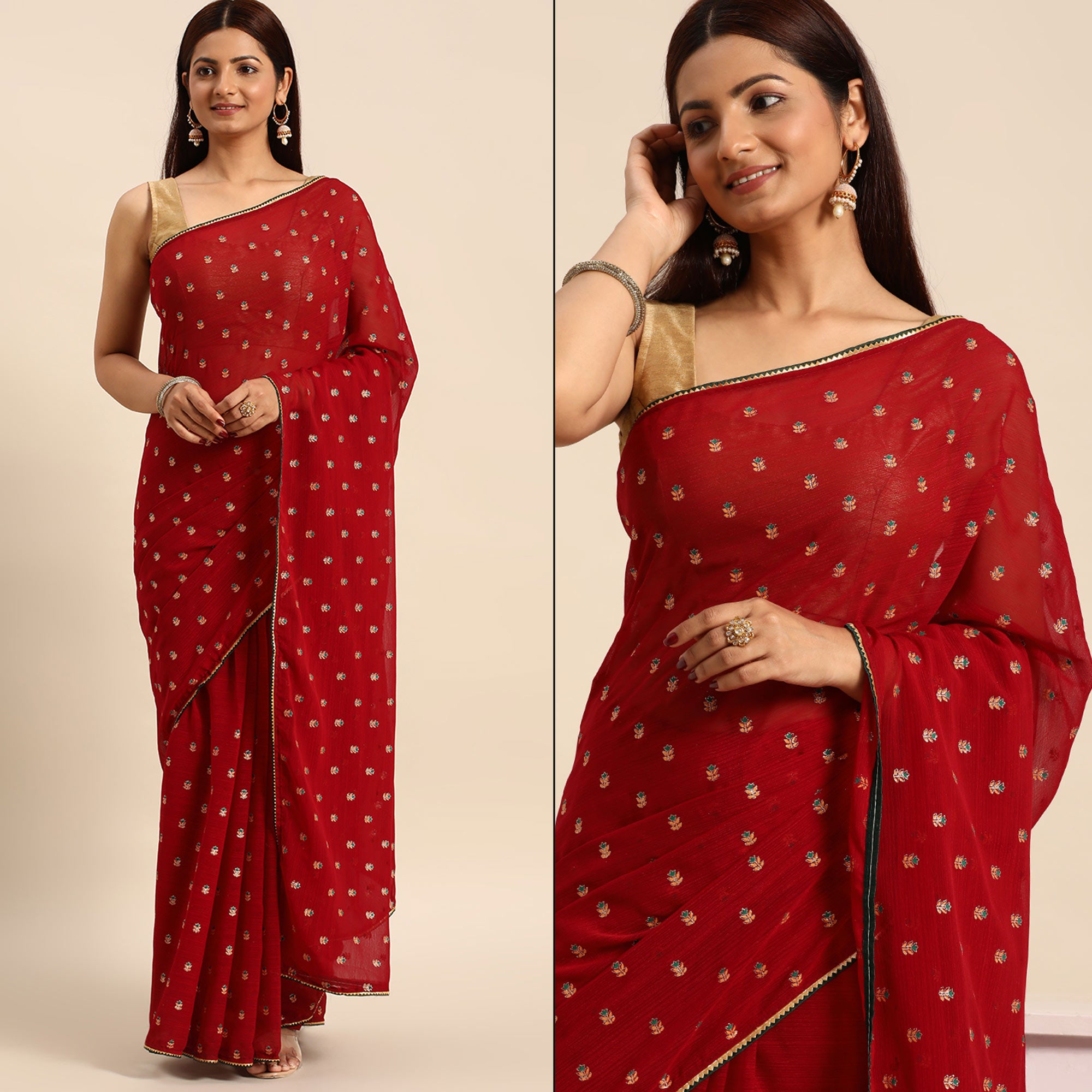 Maroon Embroidered Chiffon Saree