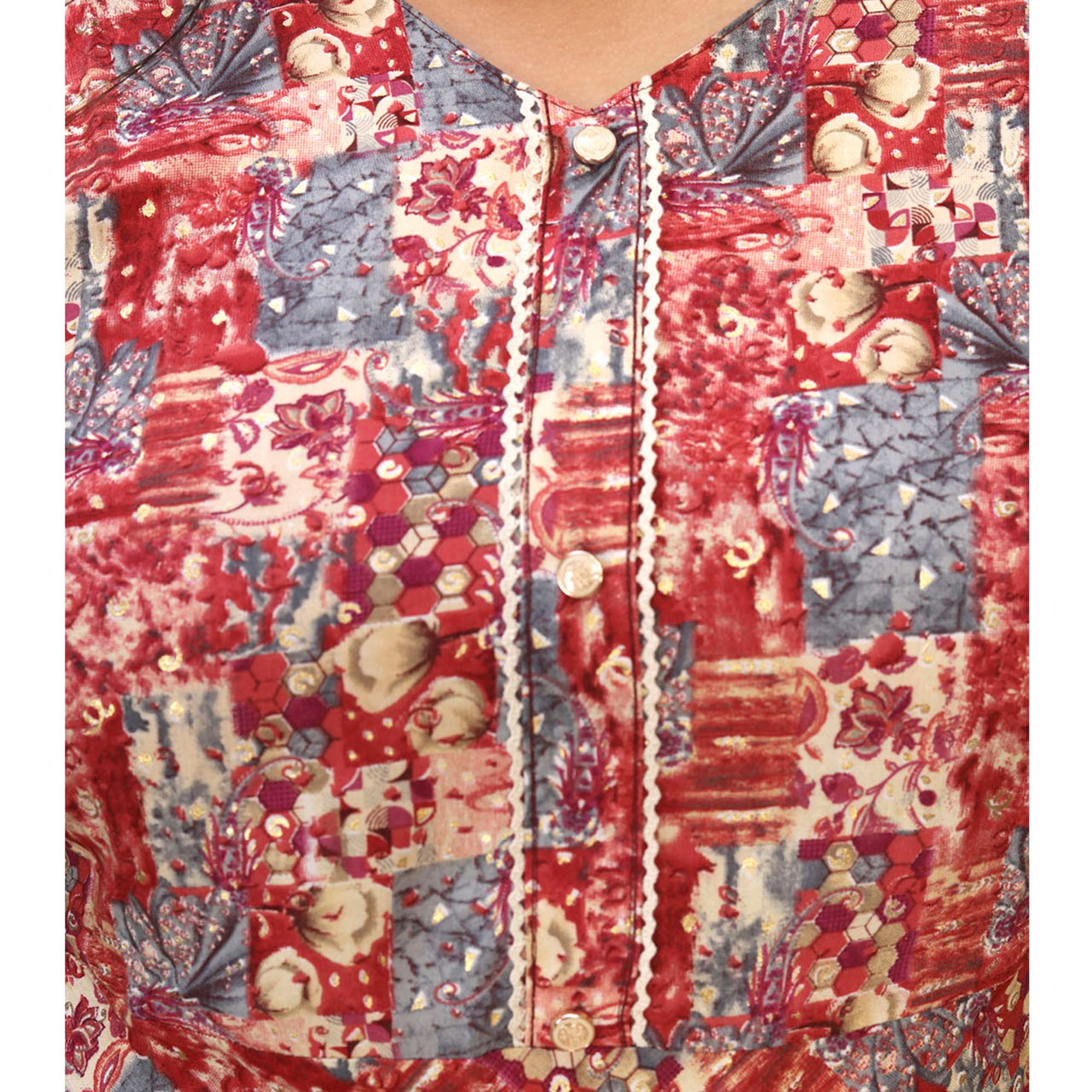 Red Floral Printed Rayon Long Kurti