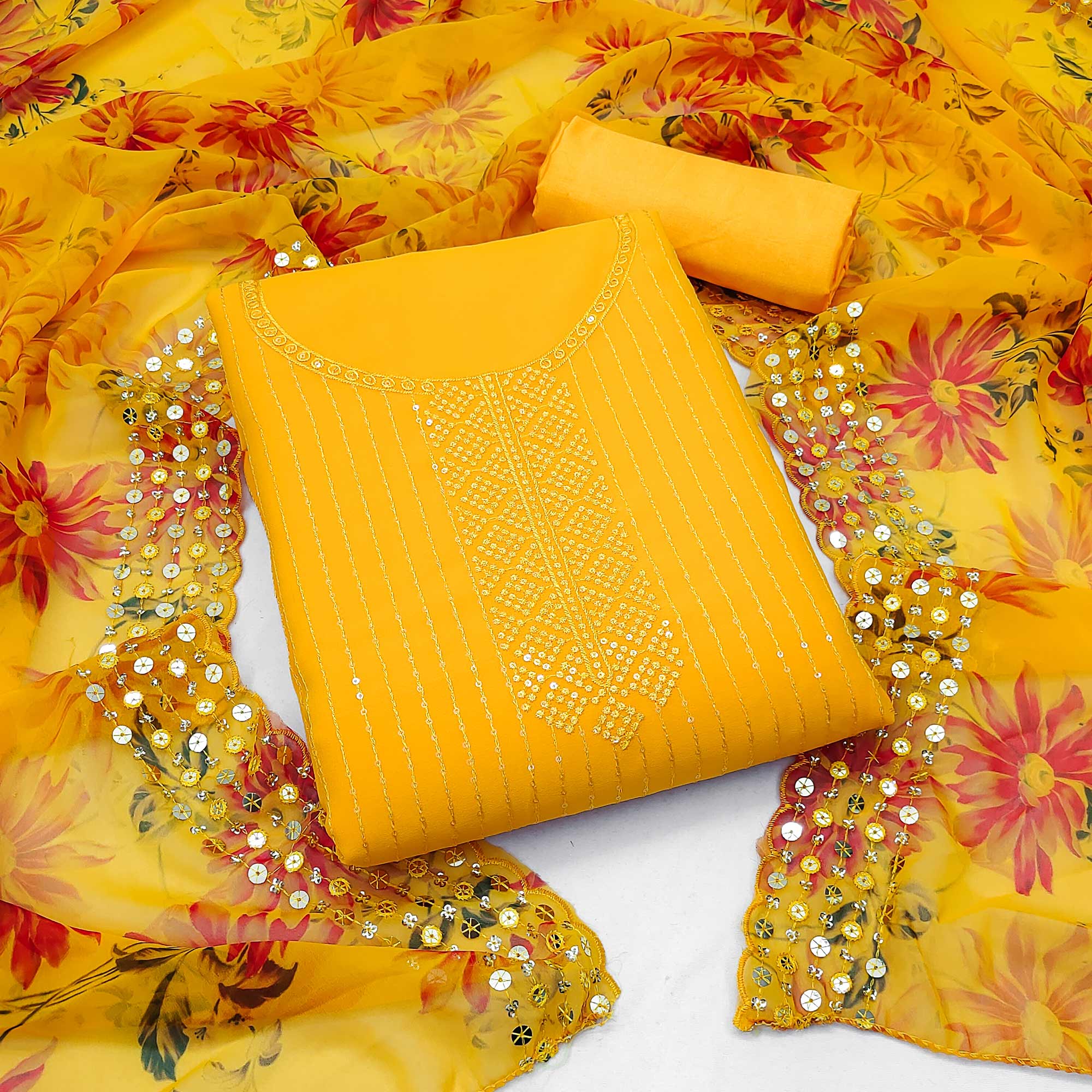 Yellow Sequins Embroidered Georgette Dress Material