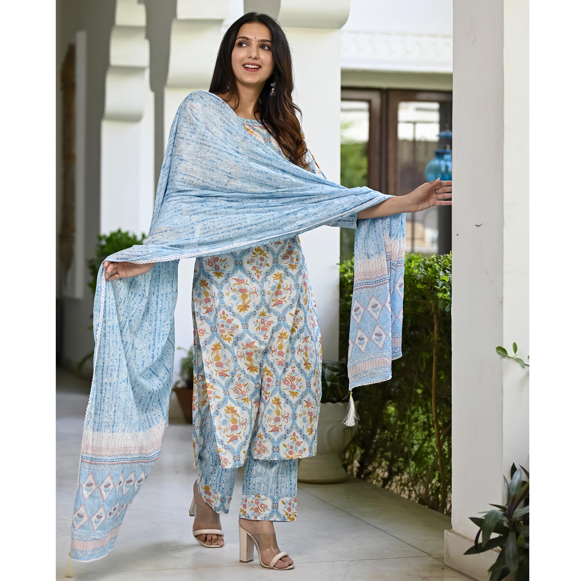 Blue Floral Printed Pure Cotton Suit