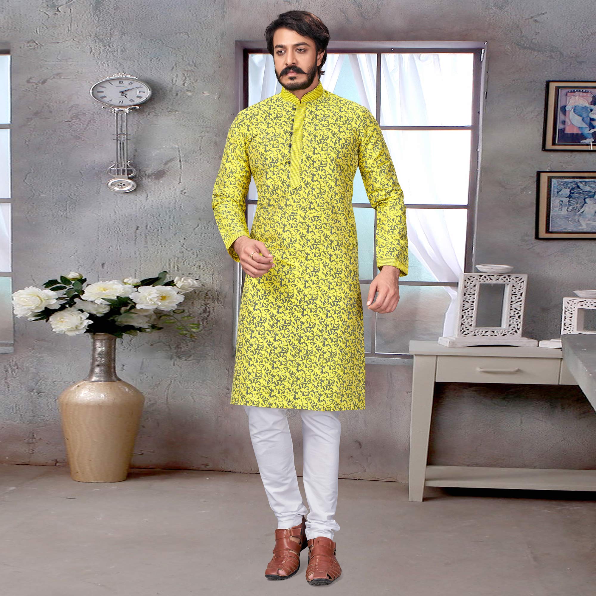 Yellow Printed Jacquard Kurta Pyjama Set - Image 2