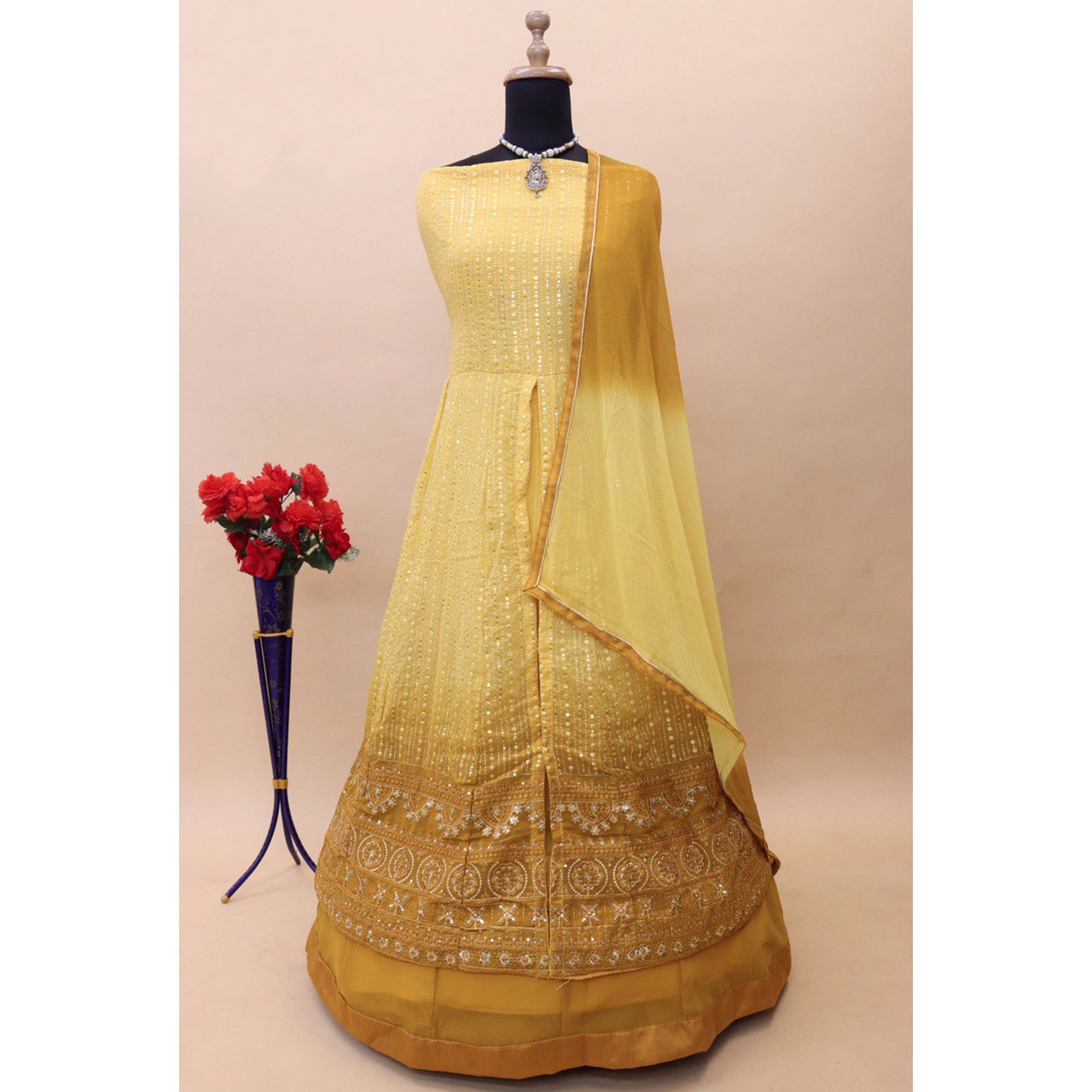 Yellow Sequins Embroidered Georgette Front Slit Suit