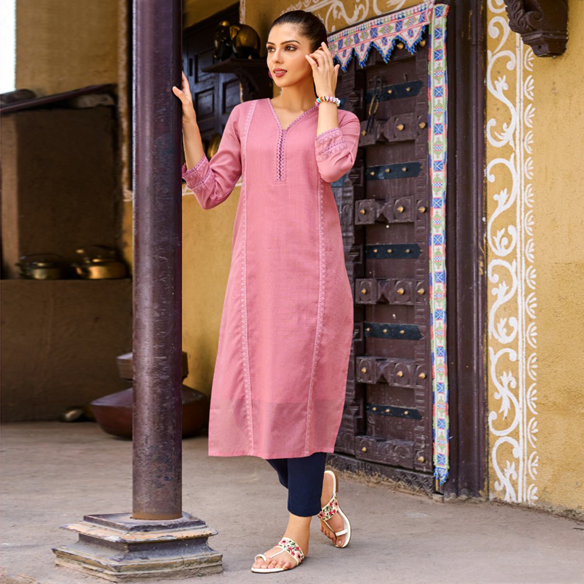 Pink Embroidered Pure Cotton Kurti