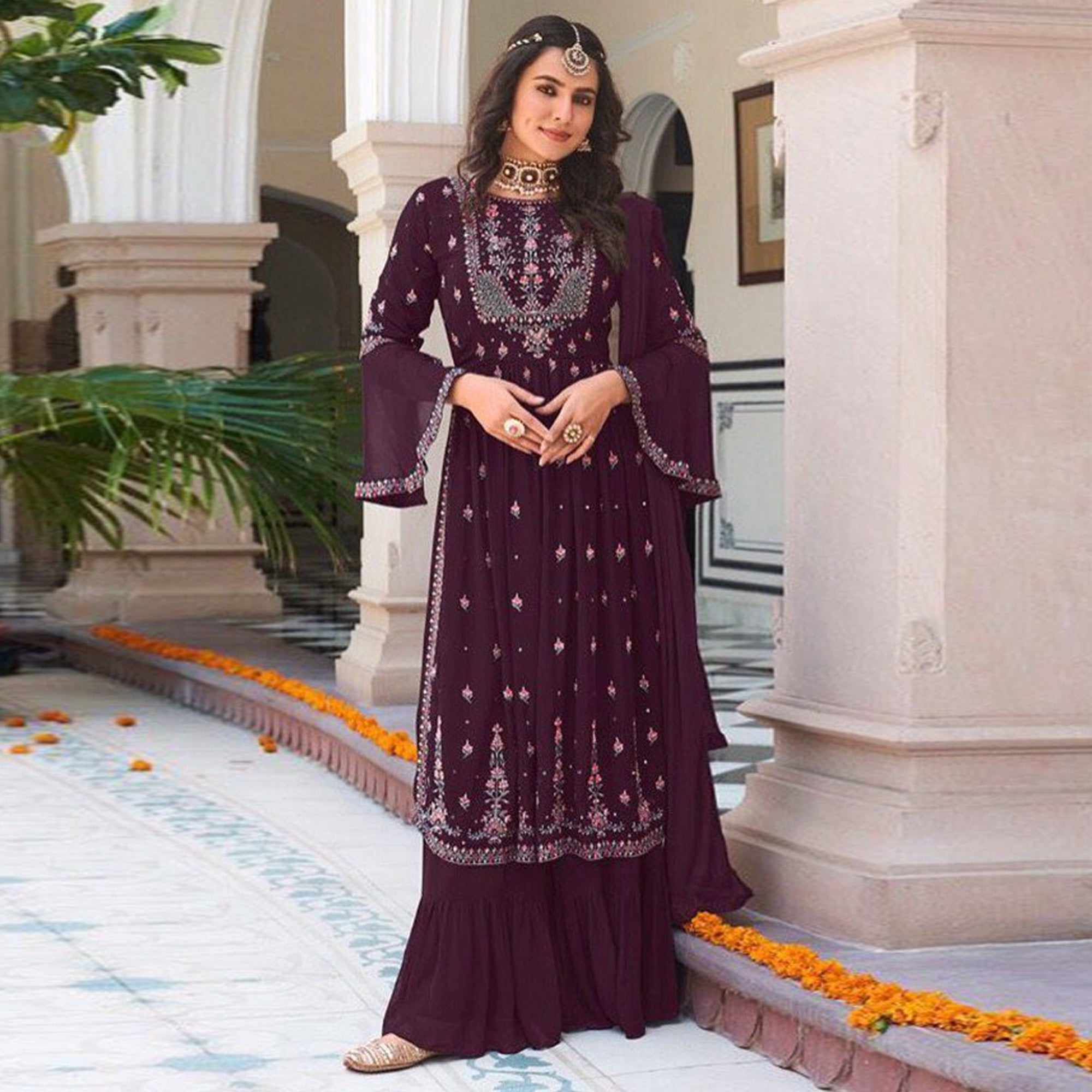 Purple Floral Embroidered Georgette Naira Cut Sharara Suit