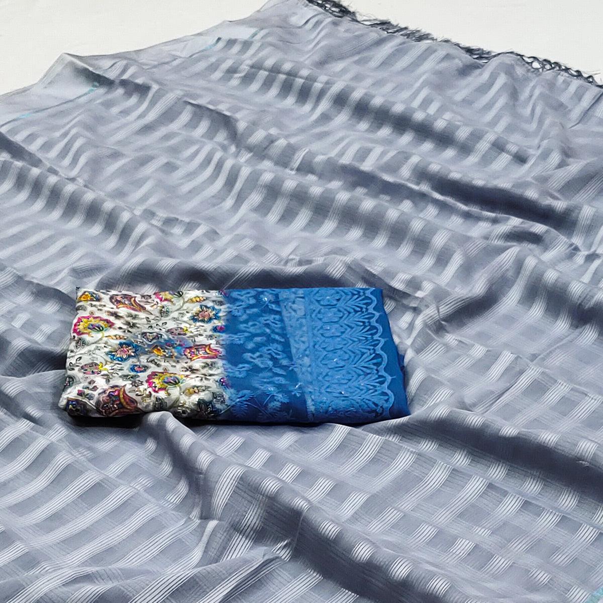 Grey Checks Pattern Satin Saree