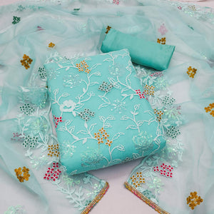 Blue Sequins Embroidered Organza Dress Material