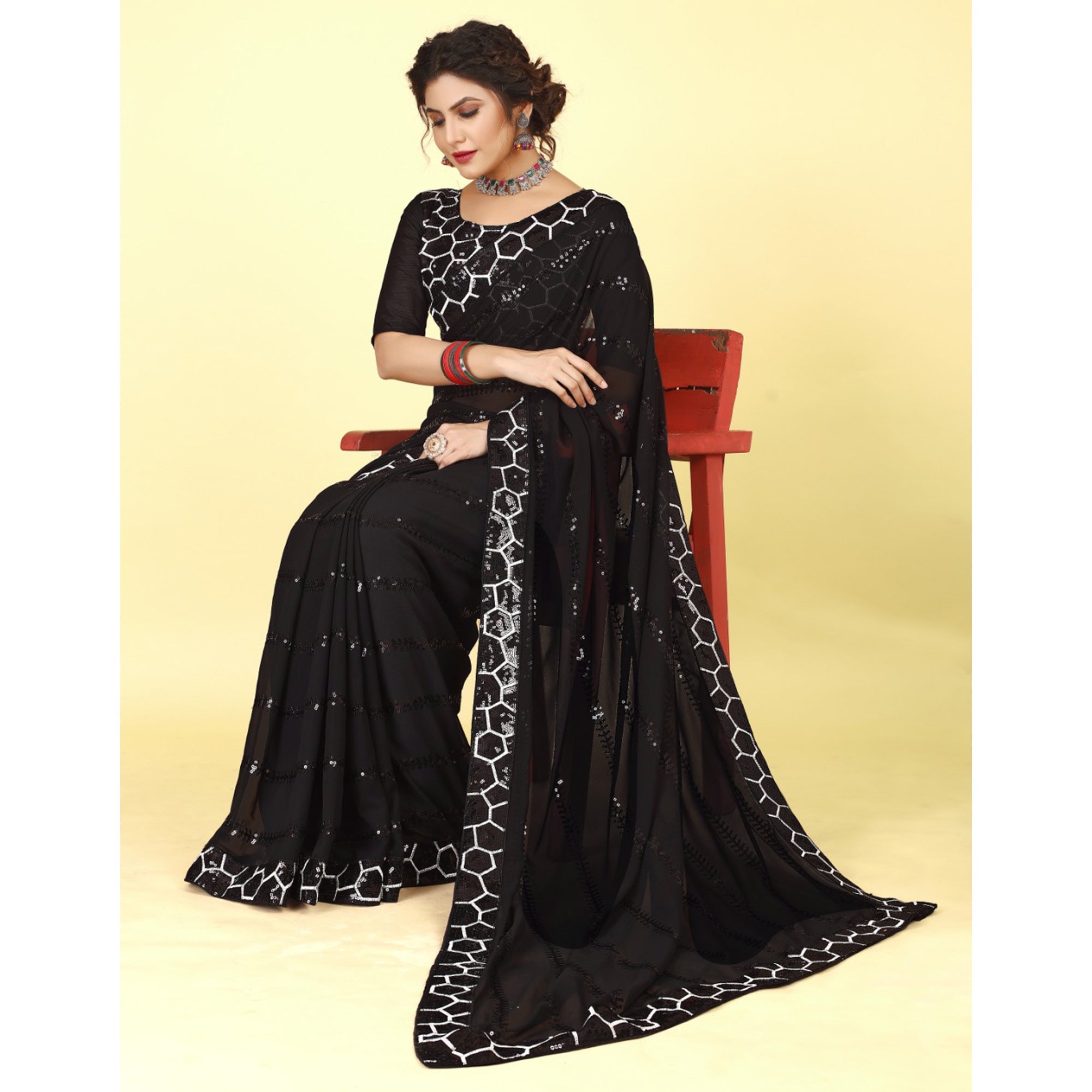 Black Sequins Embroidered Georgette Saree - Image 2