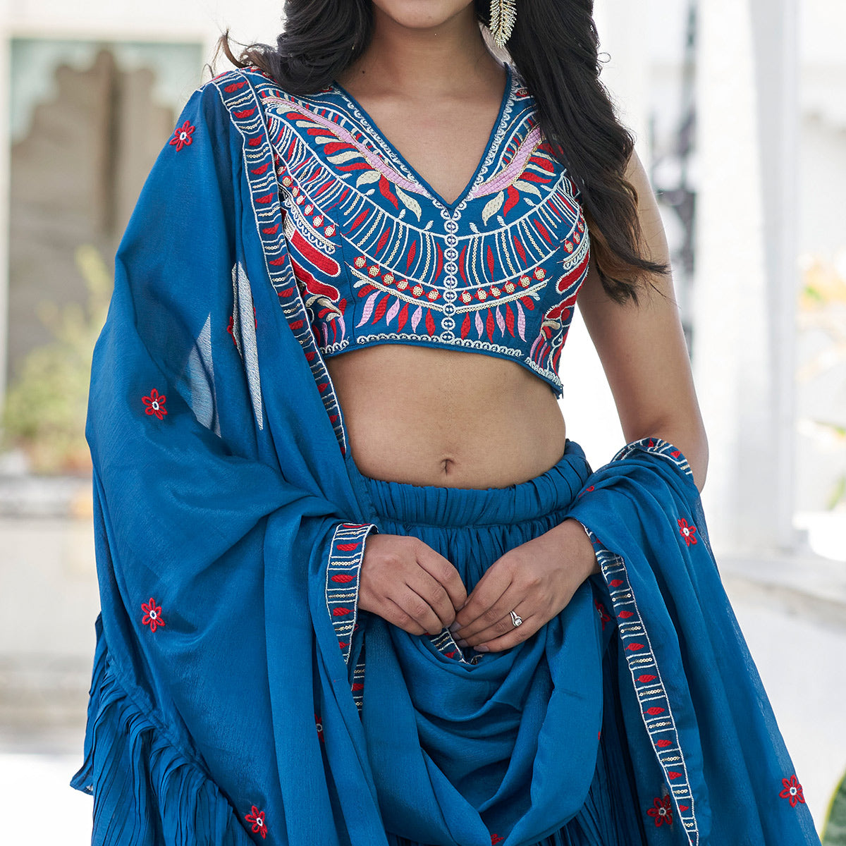 Blue Sequins Embroidered Chiffon Plated Lehenga Choli