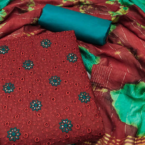 Red Embroidered Sequins Cotton Blend Dress Material