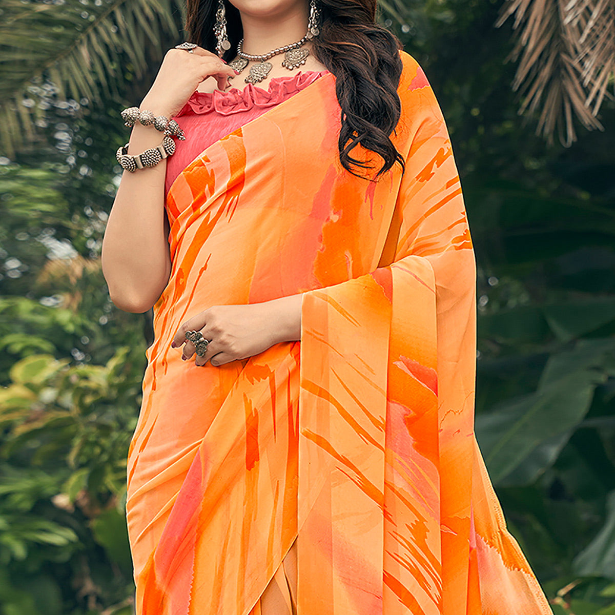 Orange Printed Georgette Saree