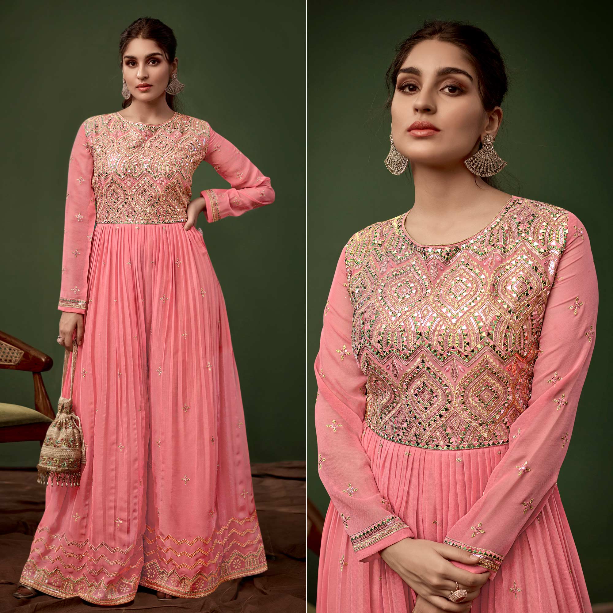 Pink Sequins With Mirror Embroidered Georgette Jumpsuit - Image 3