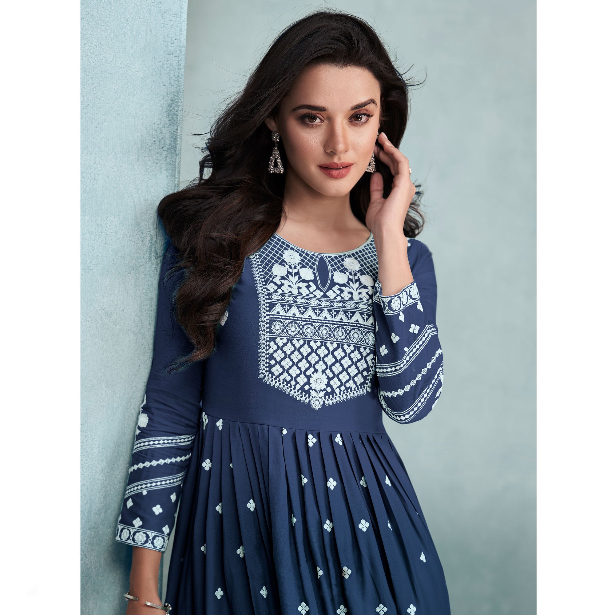Blue Lucknowi Work Rayon Naira Cut Suit